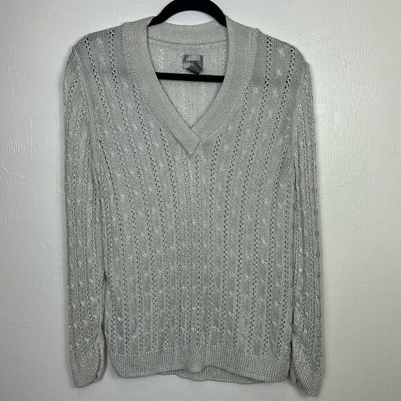 Chico’s Gray Silver Metallic Cable Knit V-neck Pullover Sweater Size XL - Picture 1 of 8